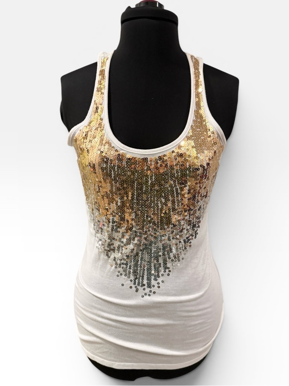Love By Design White Racerback Tank with Gold and Silver Sequins